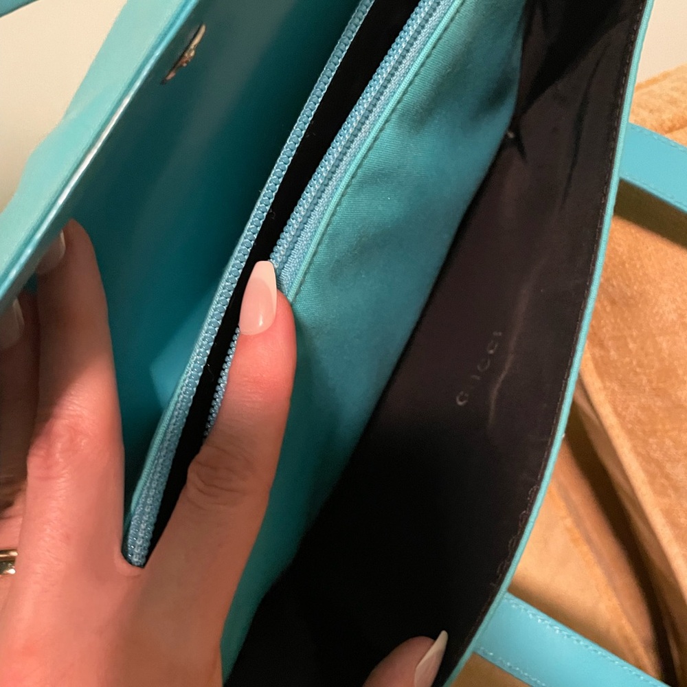 Gucci Turquoise Blue Fabric Handbag with Leather Straps and Gunmetal Hardware - Picture 16 of 16